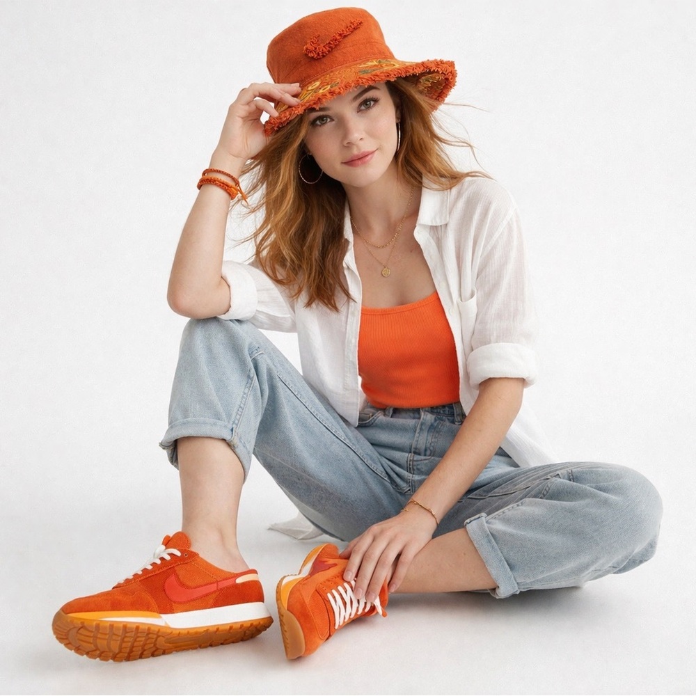 Nike Orange Embroidered Bucket Hat Frayed Brim Swoosh Logo Boho Festival